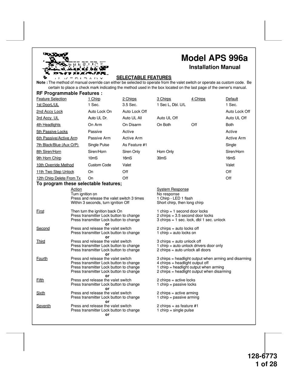 AUDIOVOX CAR SECURITY SYSTEM APS 996A INSTALLATION MANUAL Pdf Download