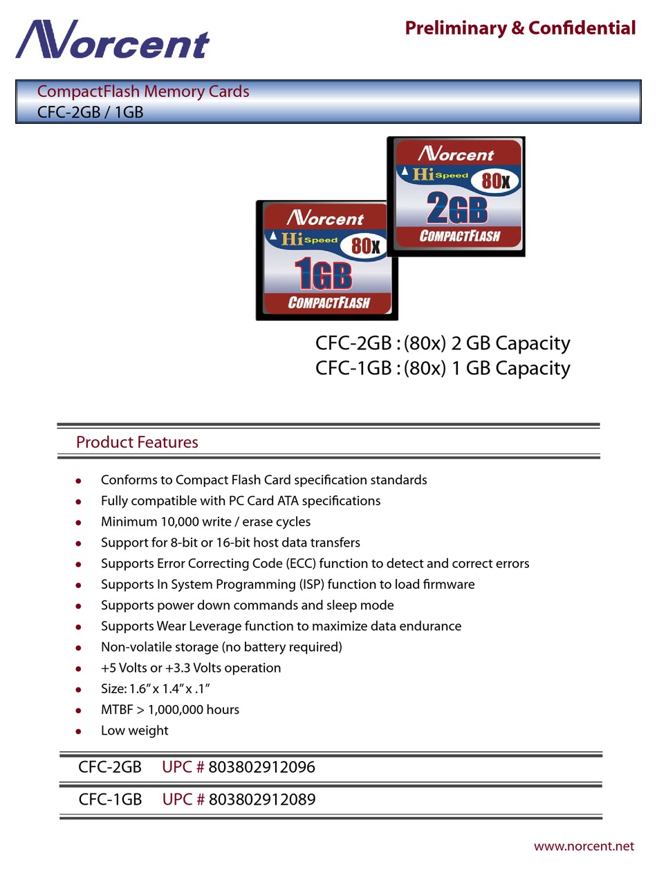 NORCENT COMPACTFLASH MEMORY CARDS CFC2GB / 1GB SPECIFICATION SHEET Pdf
