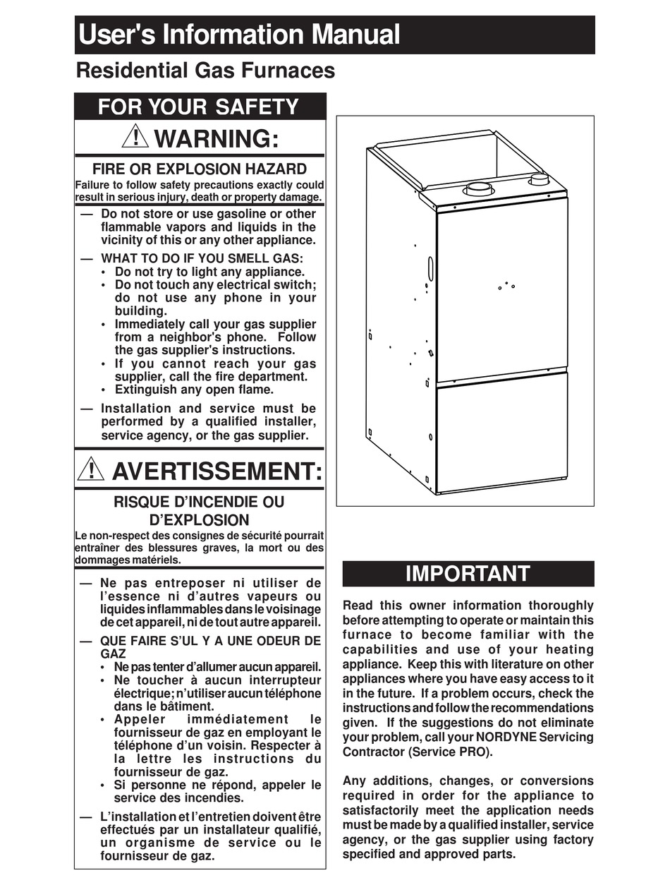 Nordyne Residential Gas Furnaces User S Information Manual Pdf Download Manualslib