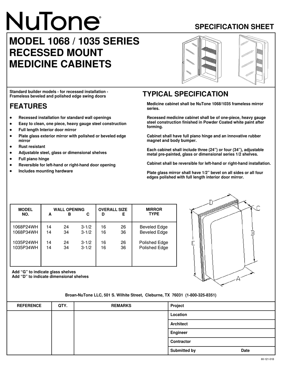 NUTONE RECESSED MOUNT MEDICINE 1068 / 1035 SPECIFICATION SHEET Pdf Download ManualsLib