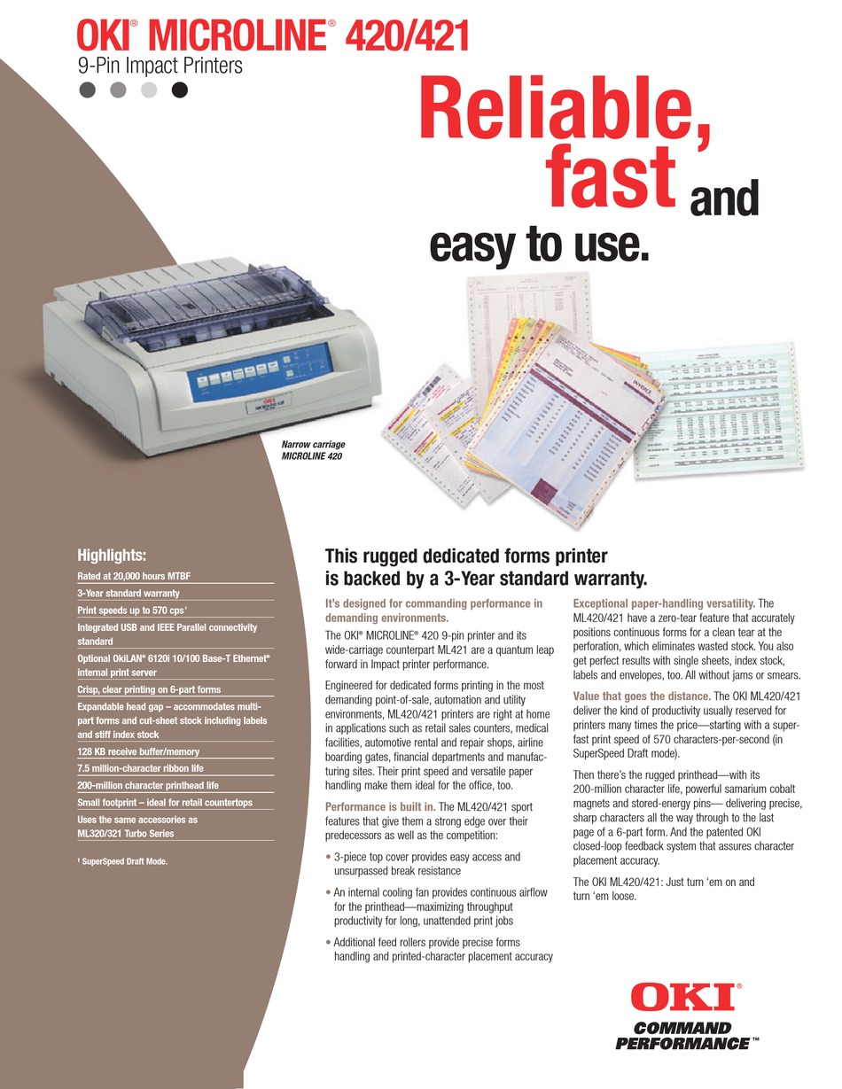 OKI MICROLINE 420 SPECIFICATION SHEET 