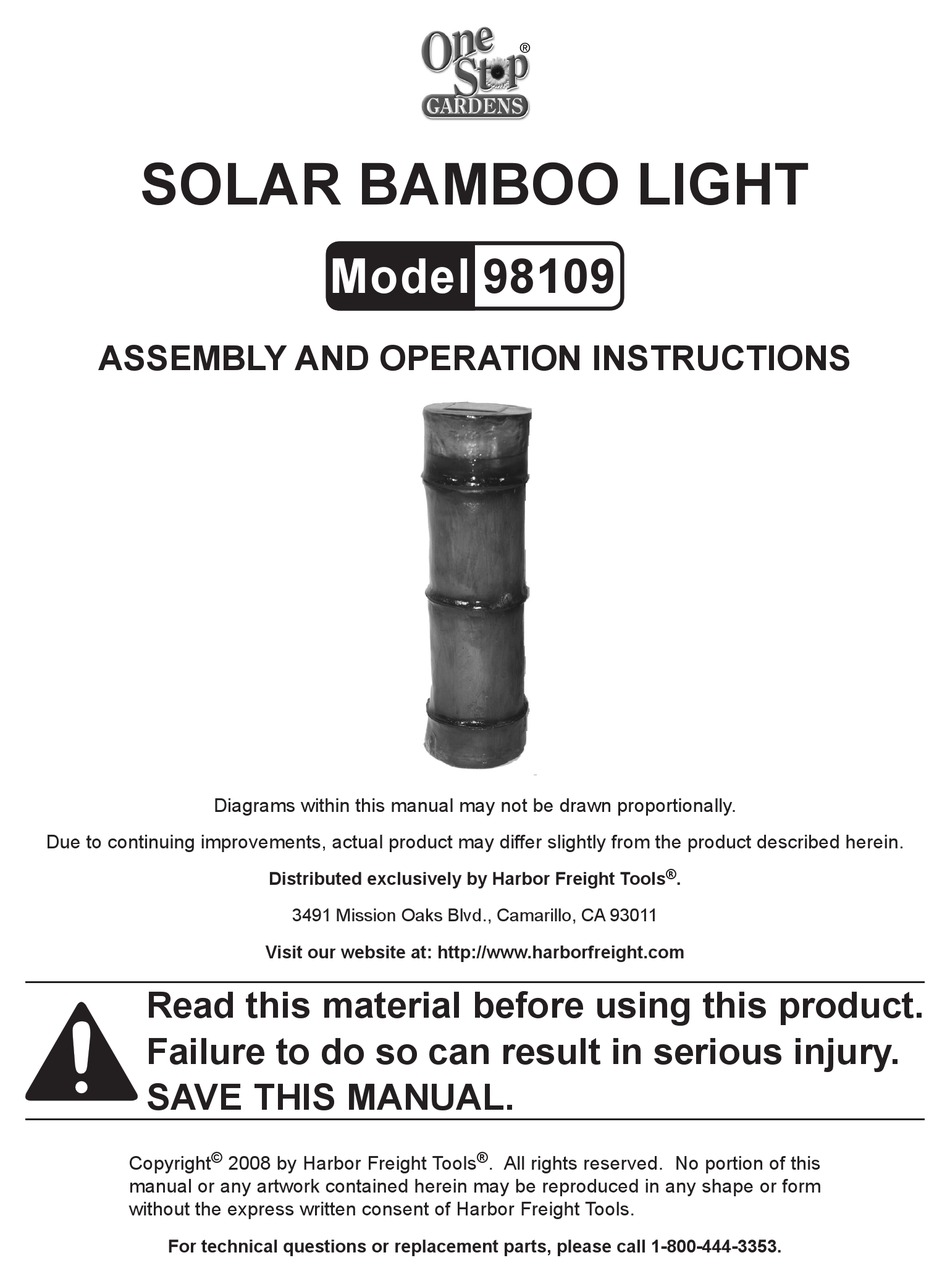 ONE STOP GARDENS 98109 ASSEMBLY AND OPERATION INSTRUCTIONS MANUAL Pdf