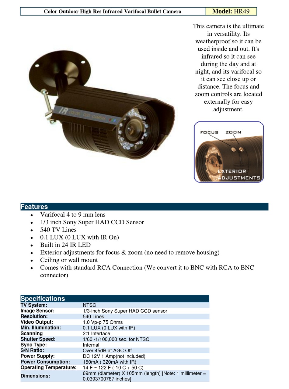 OPTIVIEW COLOR OUTDOOR BULLET CAMERA HR49 PRODUCT MANUAL Pdf Download