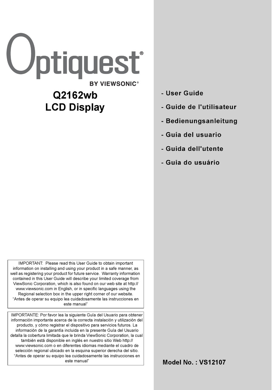 OPTIQUEST VS12107 USER MANUAL Pdf Download ManualsLib