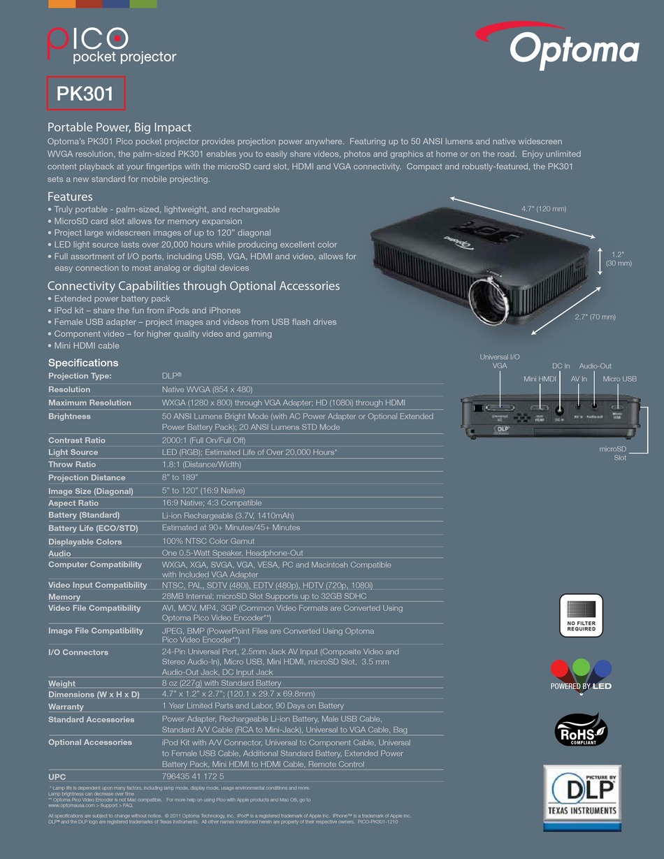 Optoma Pico Pk301 Specifications Pdf Download Manualslib