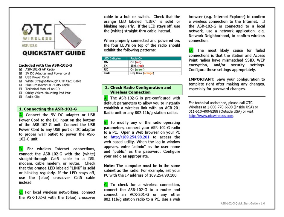 OTC WIRELESS ASR-102-G QUICK START MANUAL Pdf Download | ManualsLib