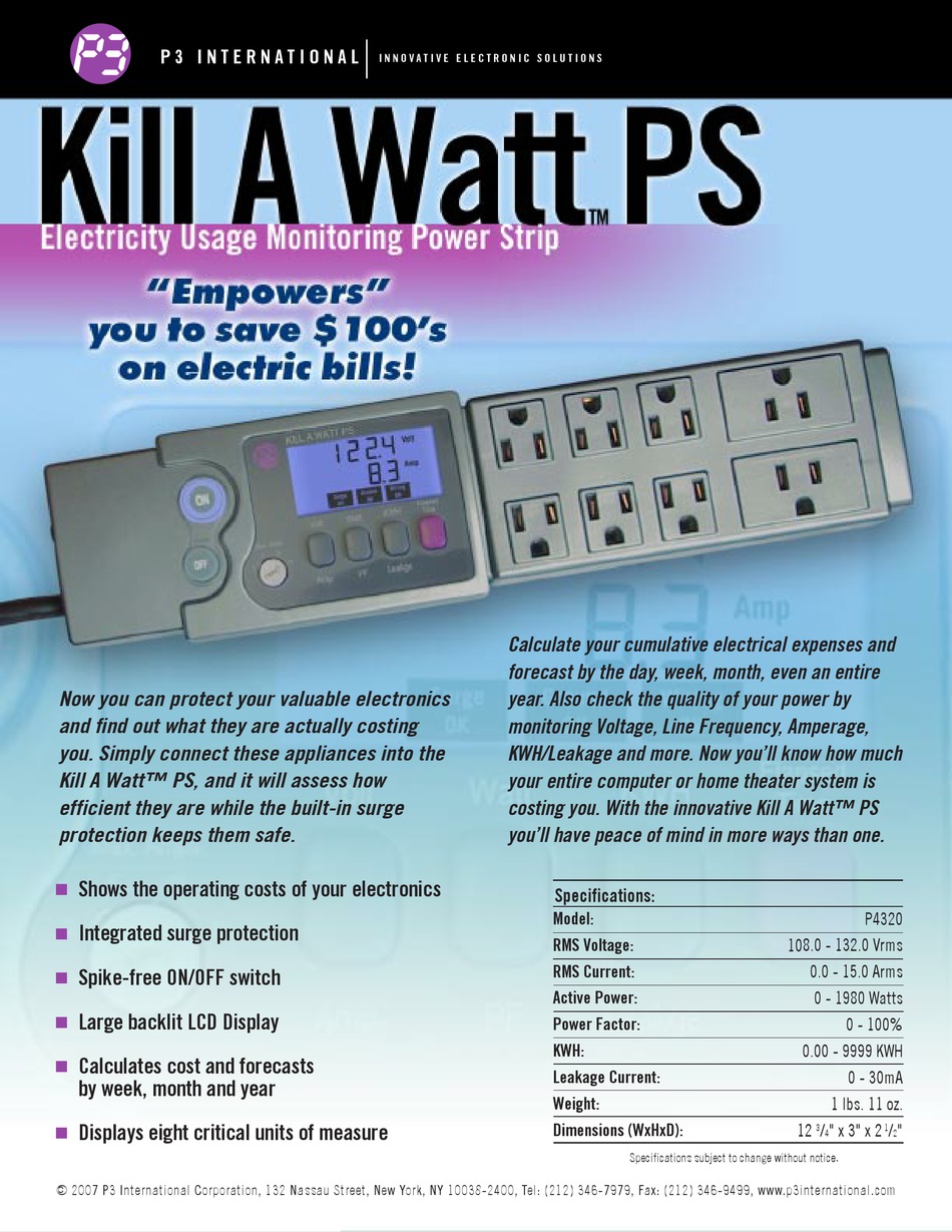 P3 INTERNATIONAL ELECTRICITY USAGE MONITORING POWER STRIP SPECIFICATION Sns-Brigh10