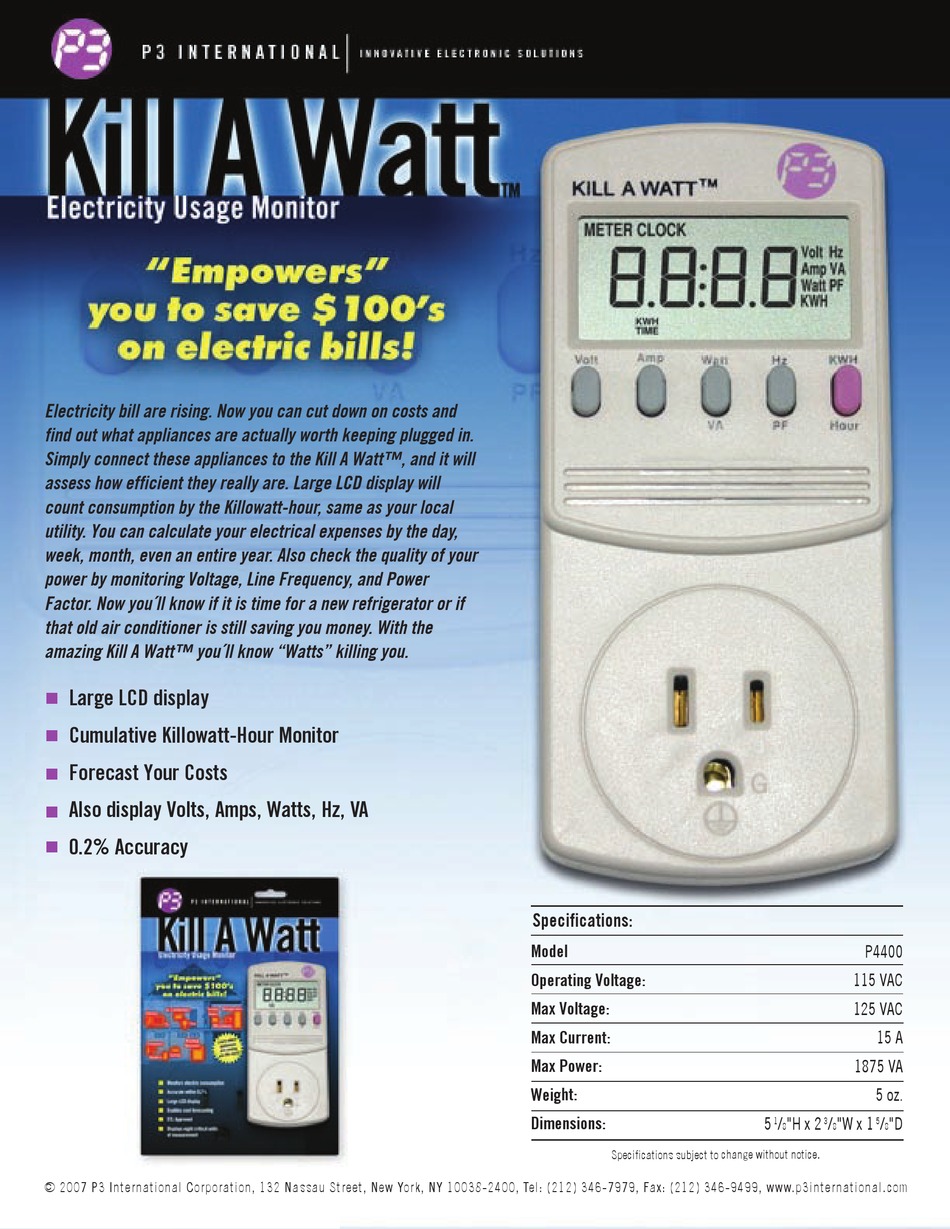 P3 INTERNATIONAL KILL A WATT P4400 SPECIFICATIONS Pdf Download | ManualsLib