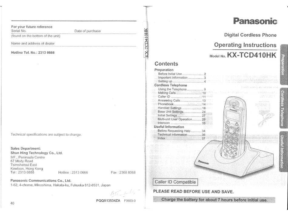 PANASONIC KX-TCD410HK OPERATING INSTRUCTIONS MANUAL Pdf Download