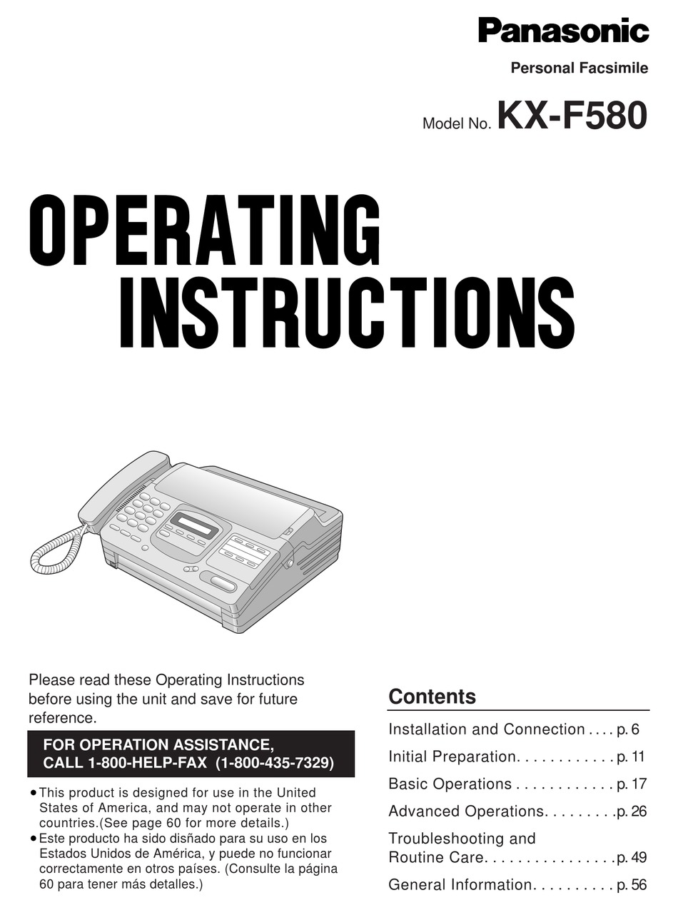 PANASONIC KX-F580 OPERATING INSTRUCTIONS MANUAL Pdf Download 