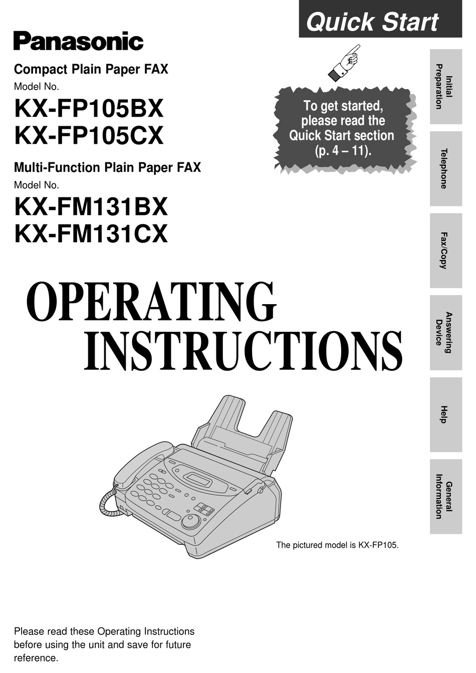 PANASONIC KX-FM131CX OPERATING INSTRUCTIONS MANUAL Pdf Download 