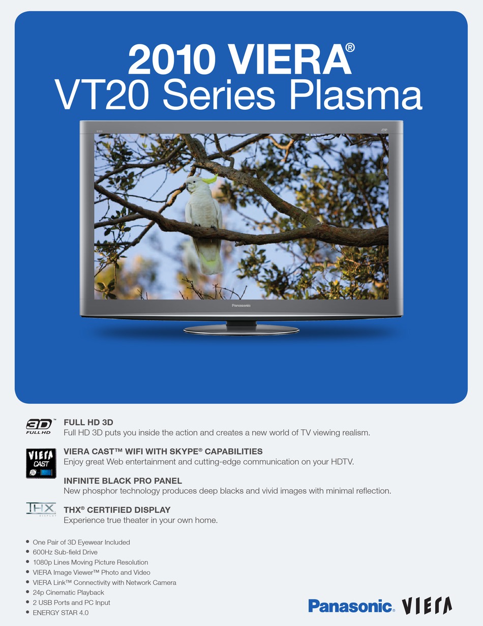 PANASONIC VIERA TC-P50VT20 SPECIFICATION SHEET Pdf Download 
