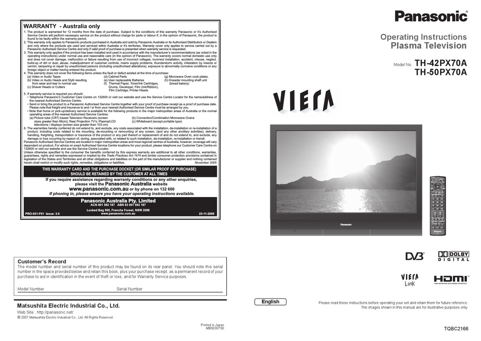 Panasonic Viera Th 42px70a Operating Instructions Manual Pdf Download Manualslib