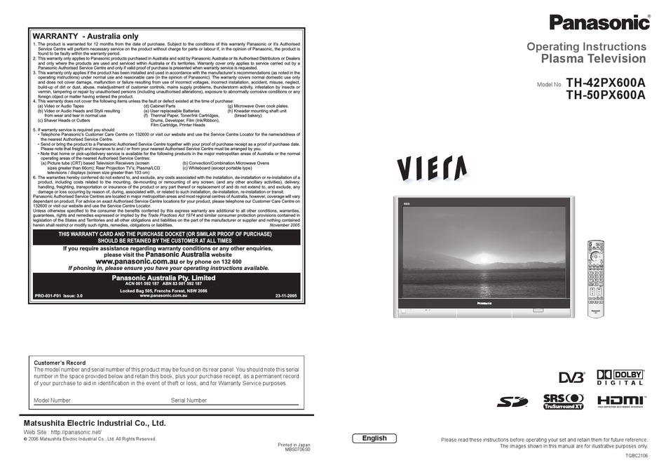 PANASONIC VIERA TH-42PX600A OPERATING INSTRUCTIONS MANUAL Pdf 