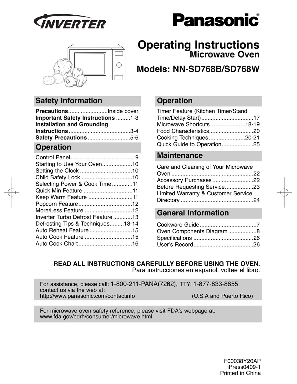 PANASONIC NN-SD768B OPERATING INSTRUCTIONS MANUAL Pdf Download | ManualsLib