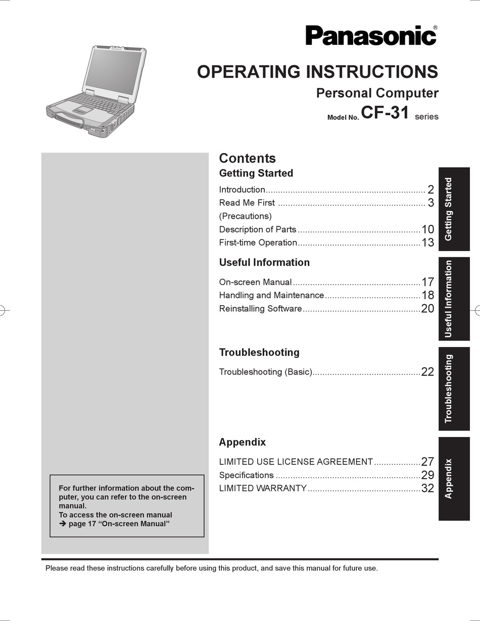 Panasonic Cf 31 Series Operating Instructions Manual Pdf Download Manualslib