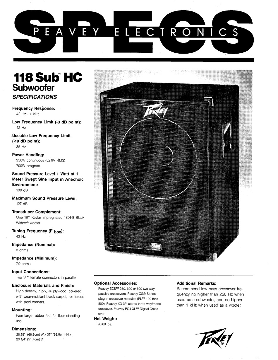 PEAVEY 118 SUB HC SPECIFICATION SHEET 