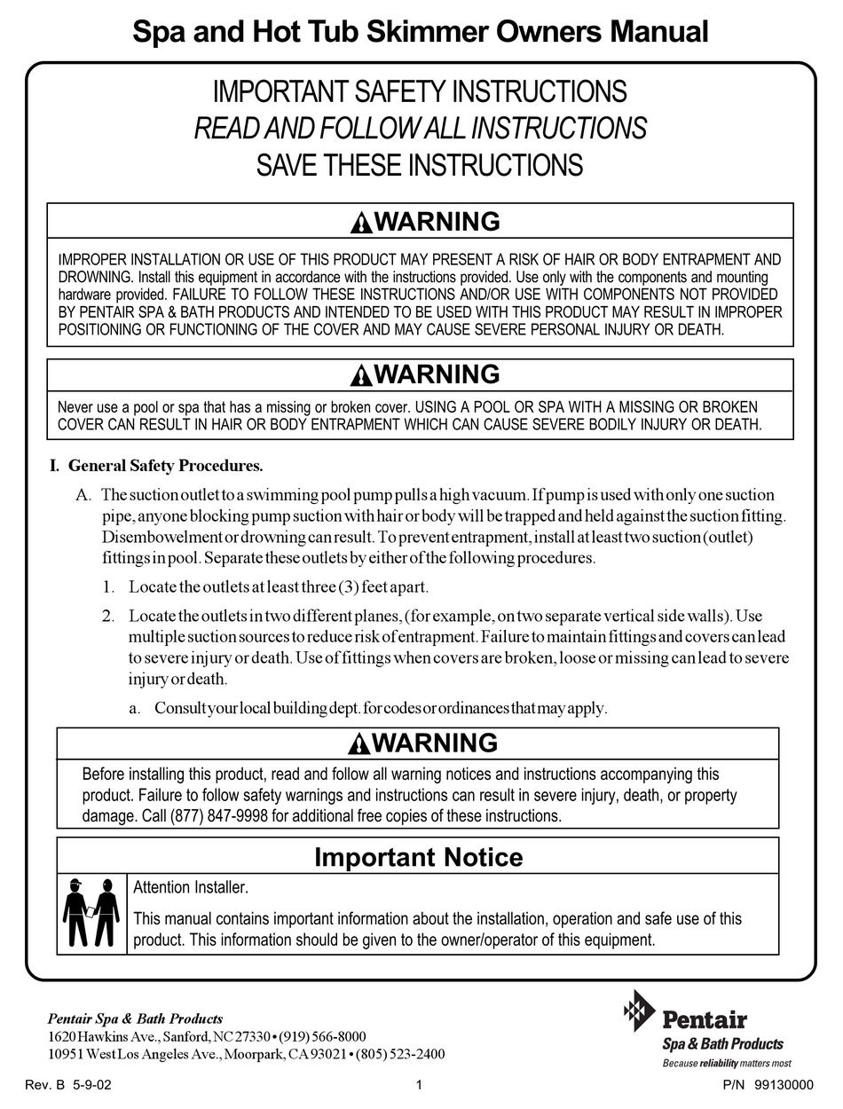 PENTAIR HOT TUB SKIMMER OWNER'S MANUAL Pdf Download ManualsLib