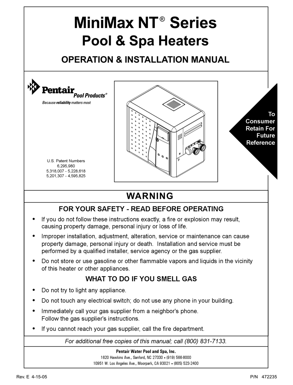 Pentair Pool And Spa Heaters Nt Series Operation And Installation Manual