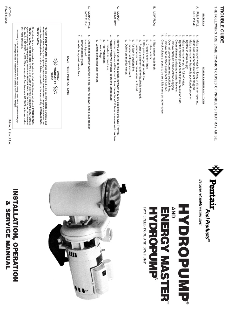 PENTAIR POOL PRODUCTS TWO SPEED POOL AND SPA PUMP ENERGY MASTER