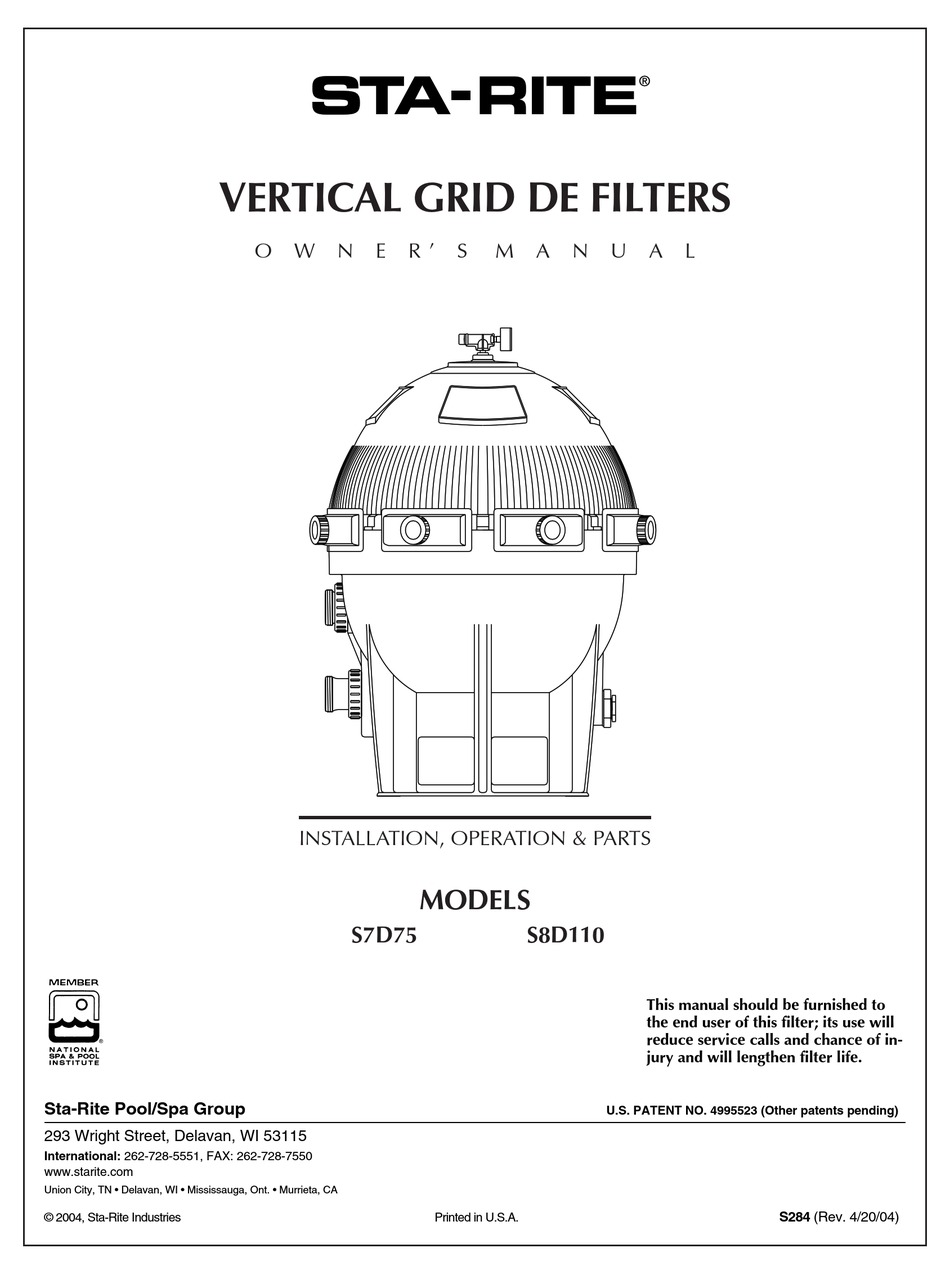 STA-RITE VERTICAL GRID DE FILTERS S7D75 OWNER'S MANUAL Pdf Download
