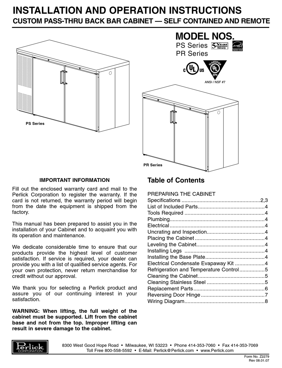 PERLICK PR48 INSTALLATION AND OPERATION INSTRUCTIONS MANUAL Pdf