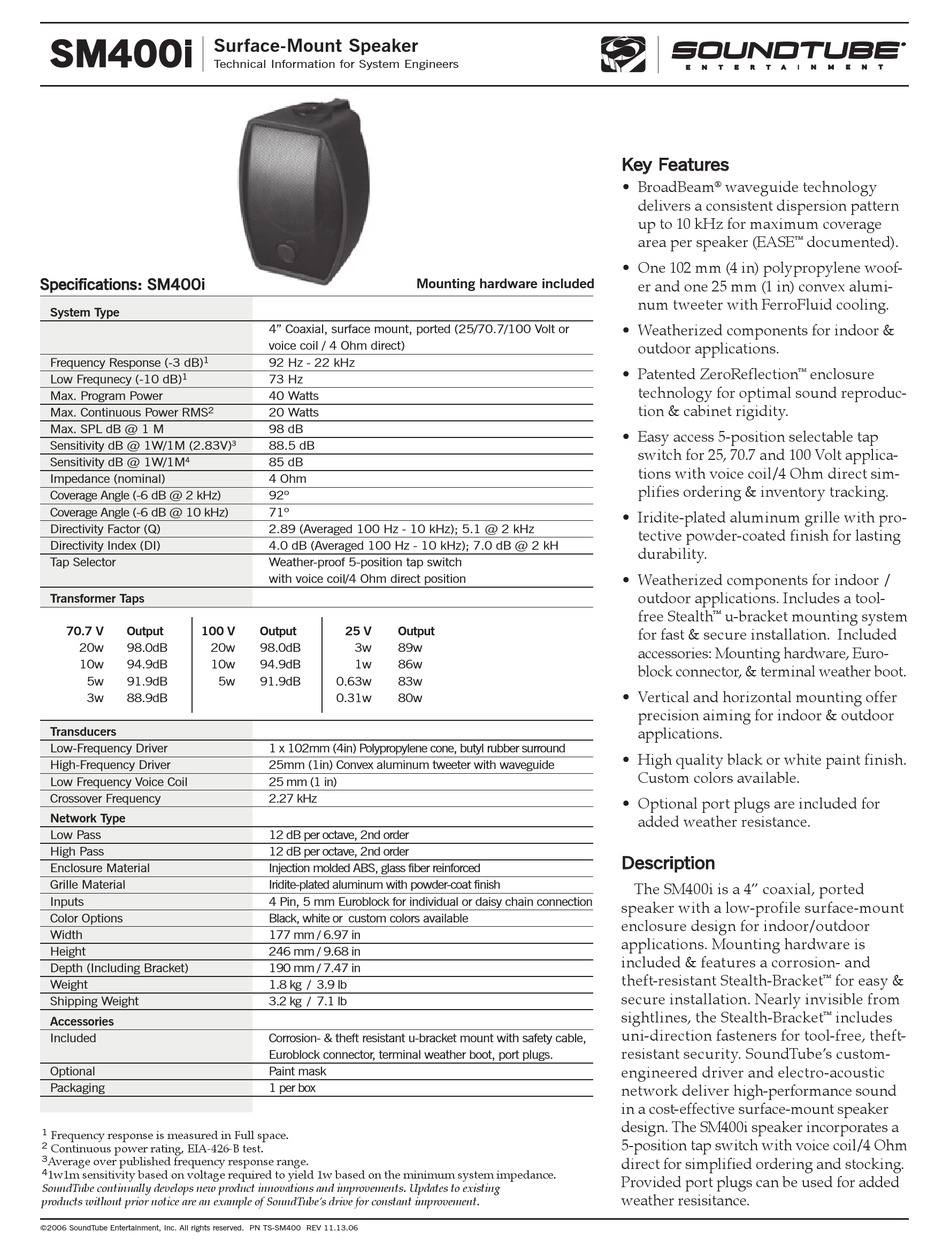 SOUNDTUBE SURFACEMOUNT SPEAKER SM400I SPECIFICATIONS Pdf Download