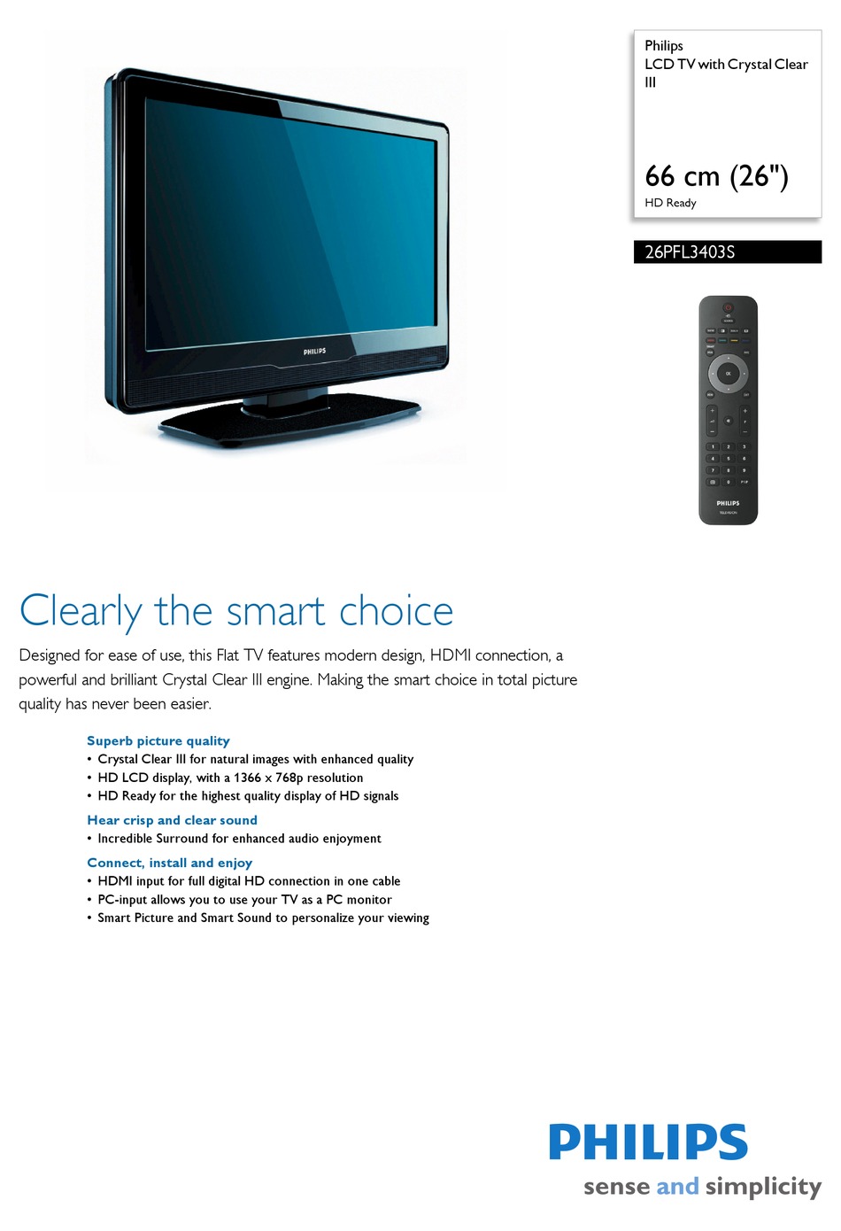 PHILIPS 26PFL3403S SPECIFICATIONS Pdf Download | ManualsLib