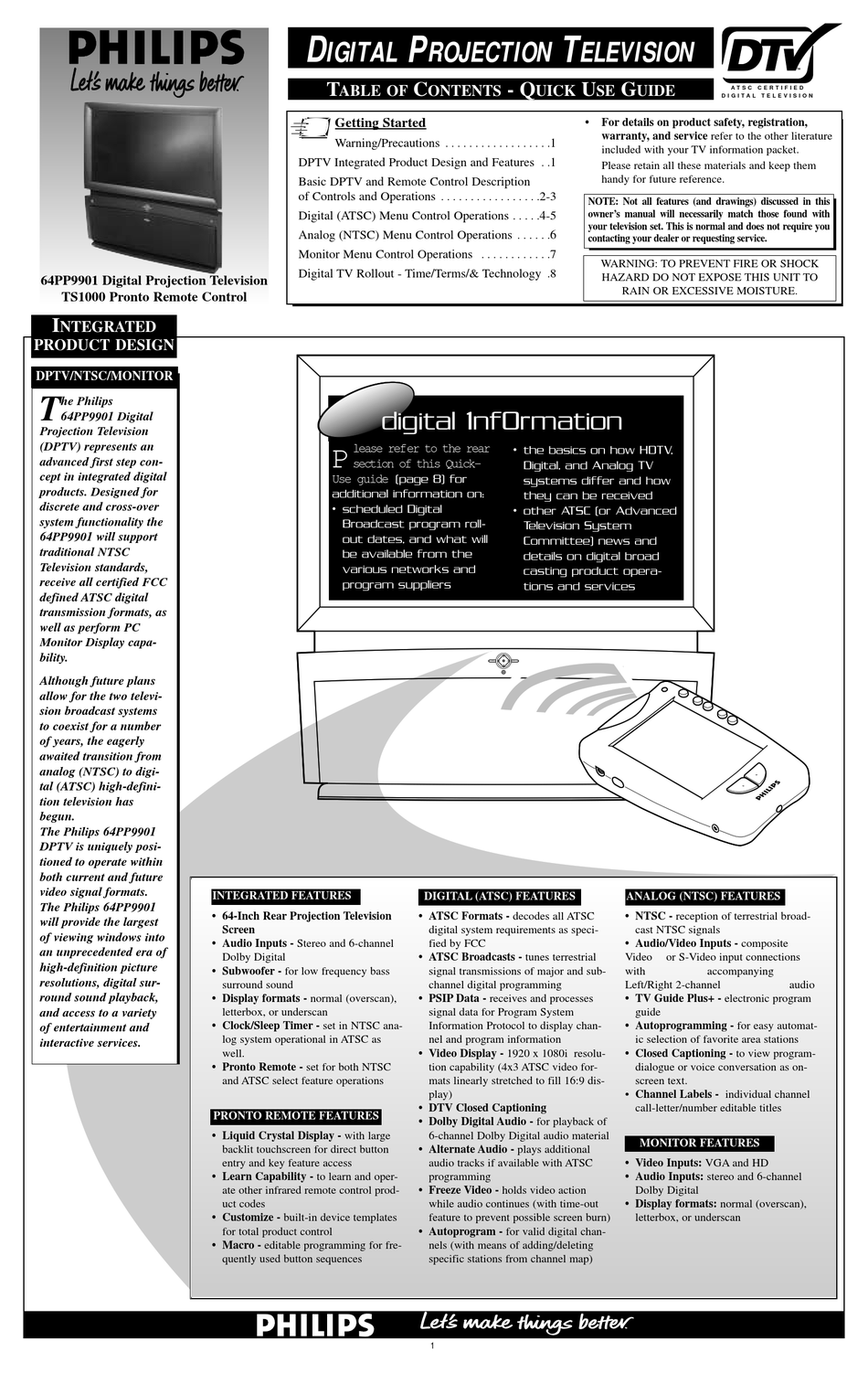 PHILIPS PROJECTION TELEVISION QUICK USE MANUAL Pdf Download | ManualsLib