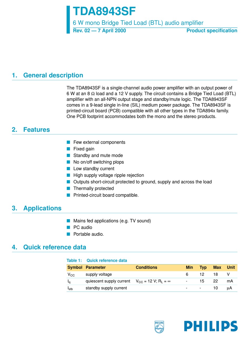 PHILIPS TDA8943SF DATASHEET Pdf Download | ManualsLib