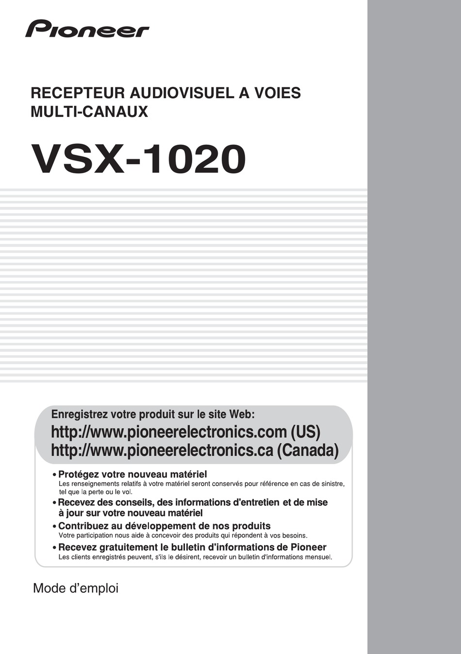 PIONEER NO FOUND VSX1020 MODE D