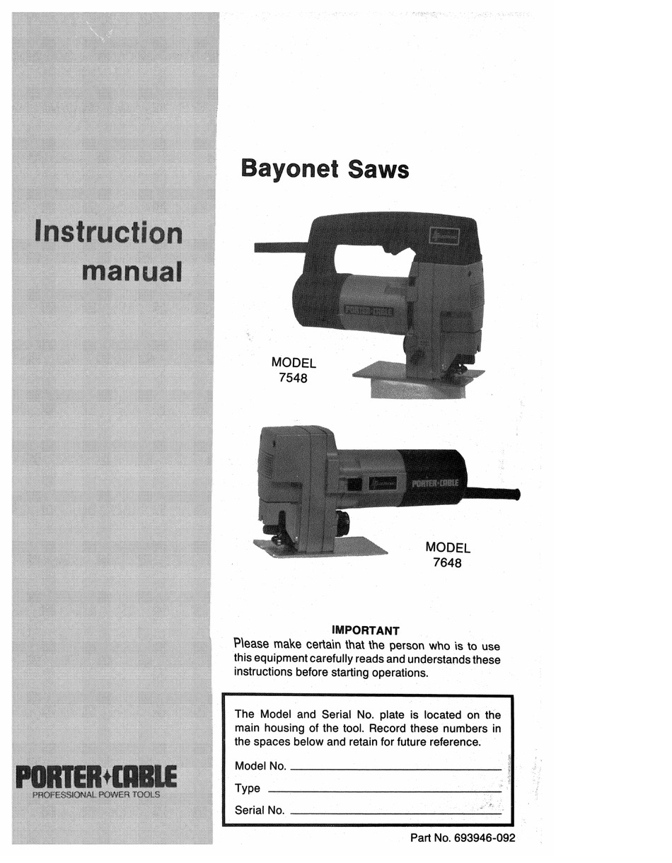 PORTER CABLE BAYONET SAWS 7548 INSTRUCTION MANUAL Pdf Download