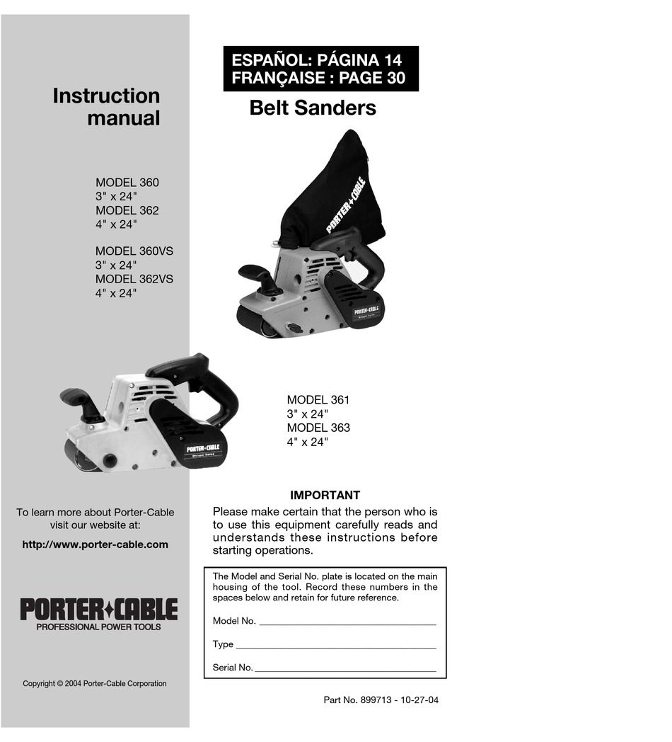 porter cable belt sander 352vs manual