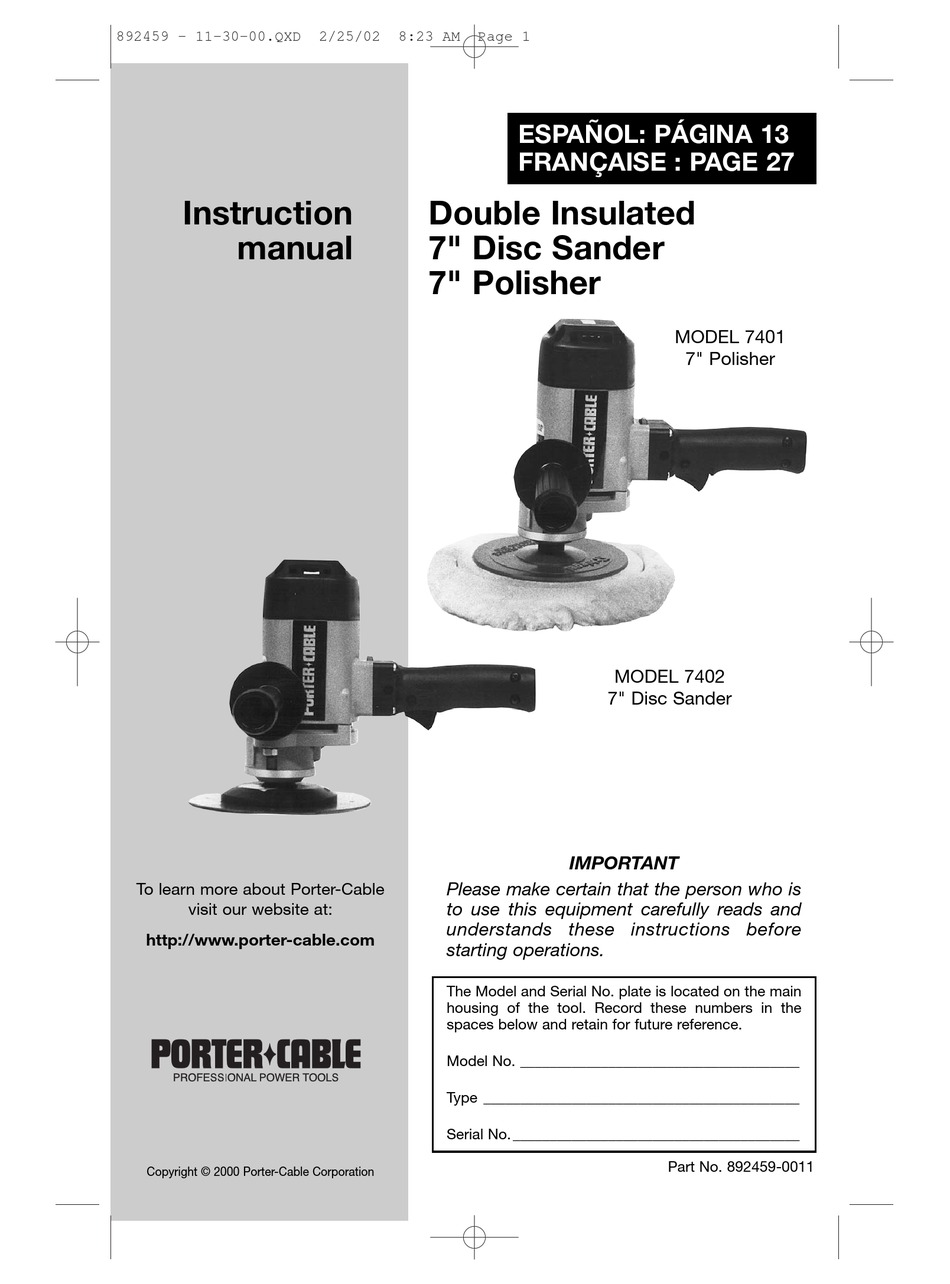 Porter Cable 7401 Instruction Manual Pdf Download Manualslib