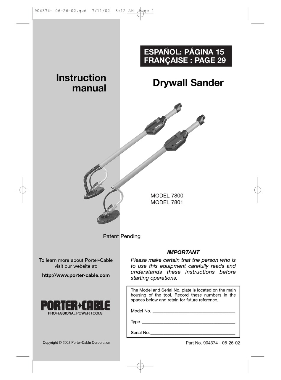 Porter Cable 7800 Instruction Manual Pdf Download Manualslib
