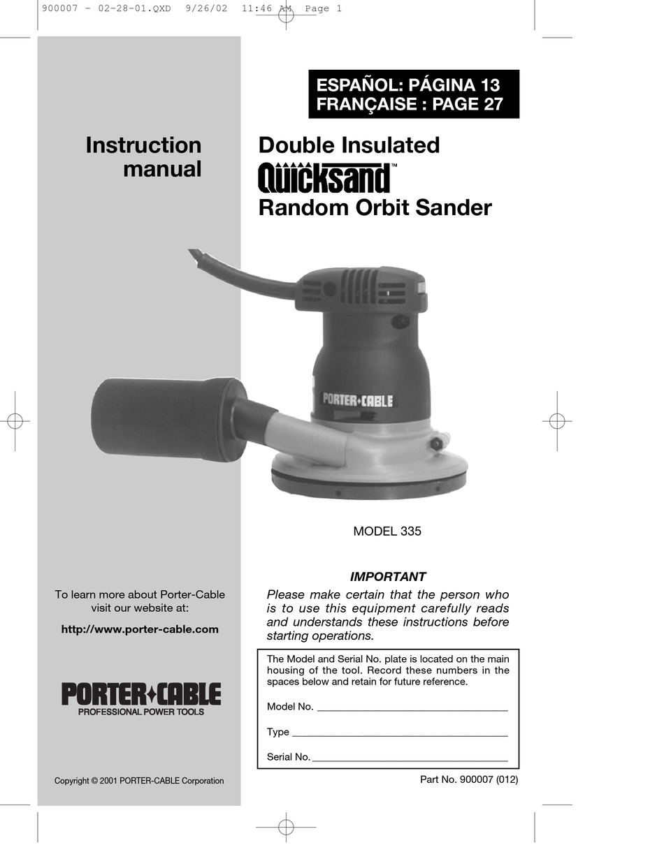 PORTER-CABLE QUICKSAND 335 INSTRUCTION MANUAL Pdf Download | ManualsLib