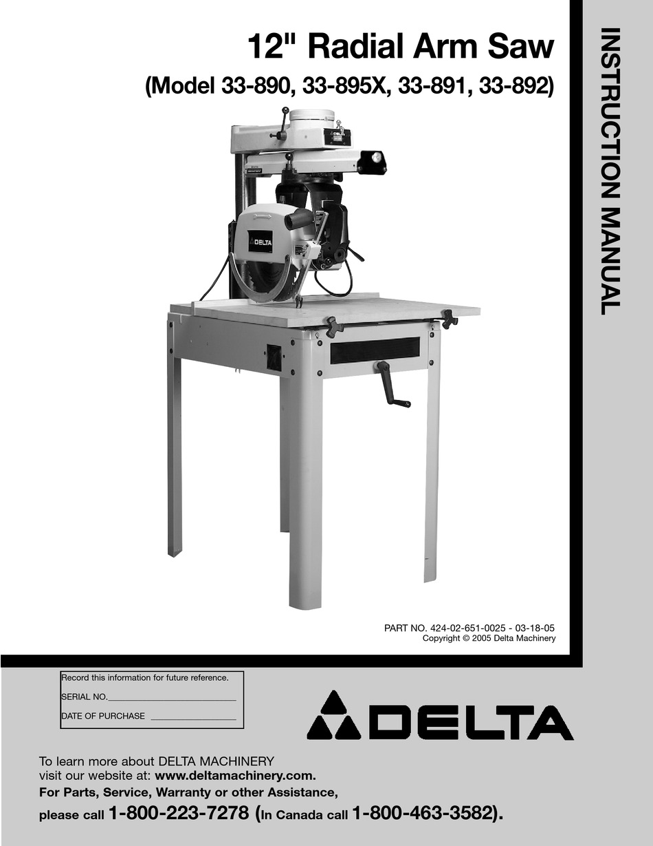 Delta 33-990 Model 10 Deluxe Radial Arm Saw Instructions Manual 
