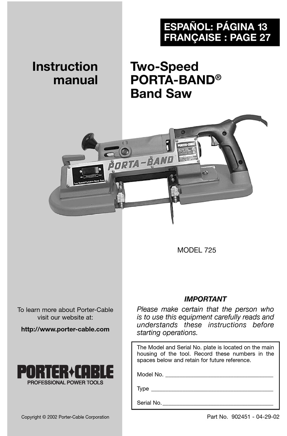 PORTER-CABLE 725 INSTRUCTION MANUAL Pdf 