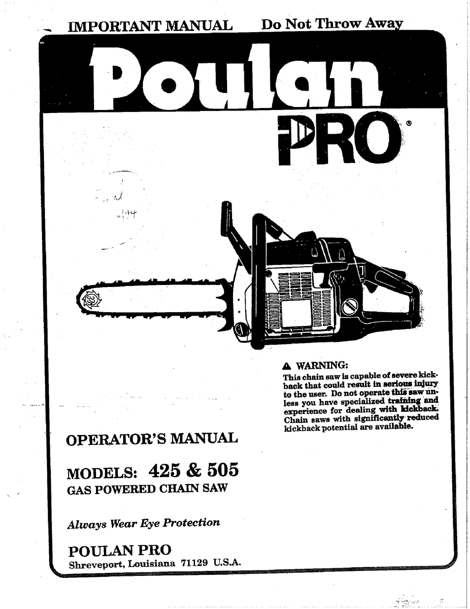 POULAN PRO 425 OPERATOR'S MANUAL Pdf Download | ManualsLib