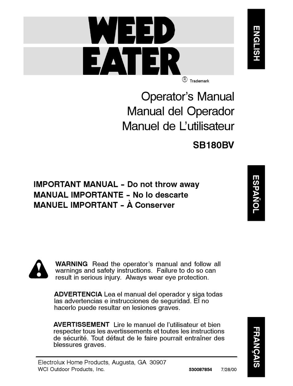 WEED EATER SB180BV OPERATOR'S MANUAL Pdf Download ManualsLib