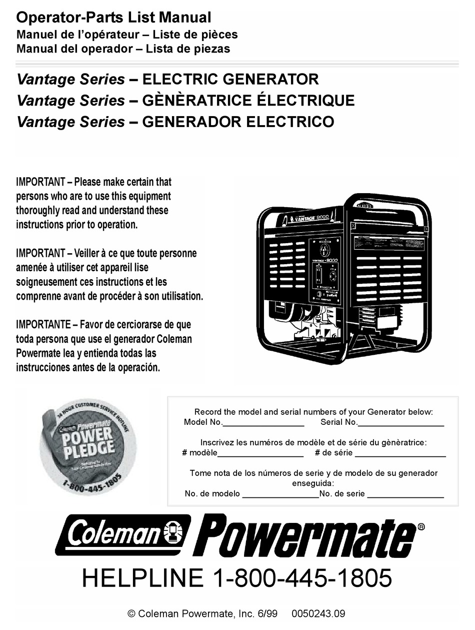 POWERMATE VANTAGE PM0475003 OPERATORPARTS LIST MANUAL Pdf Download