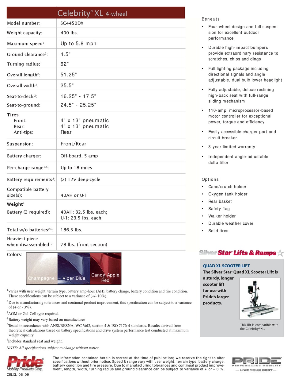 PRIDE MOBILITY CELEBRITY XL SC4450DX SPECIFICATIONS Pdf Download