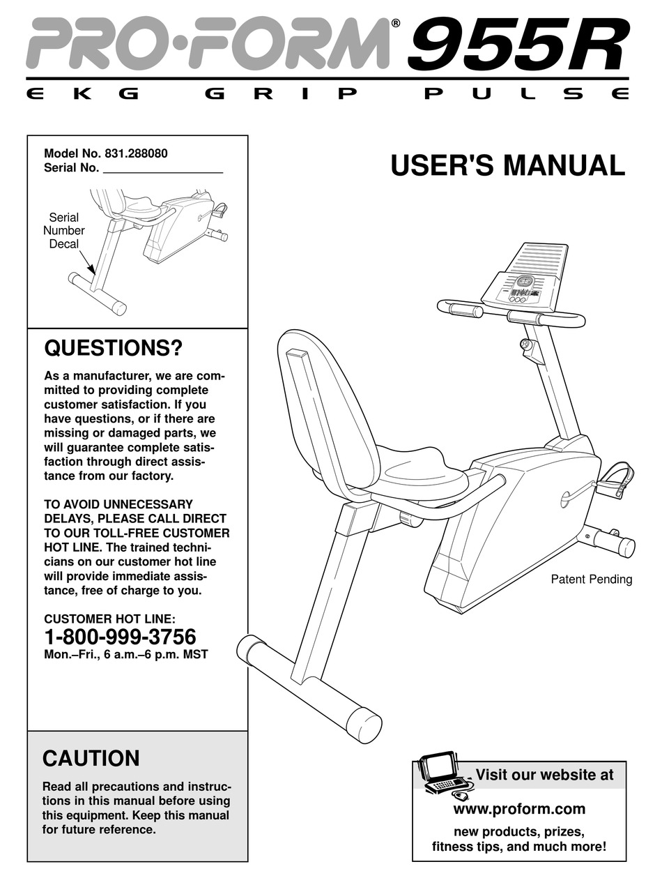 Proform xp whirlwind online 280 manual