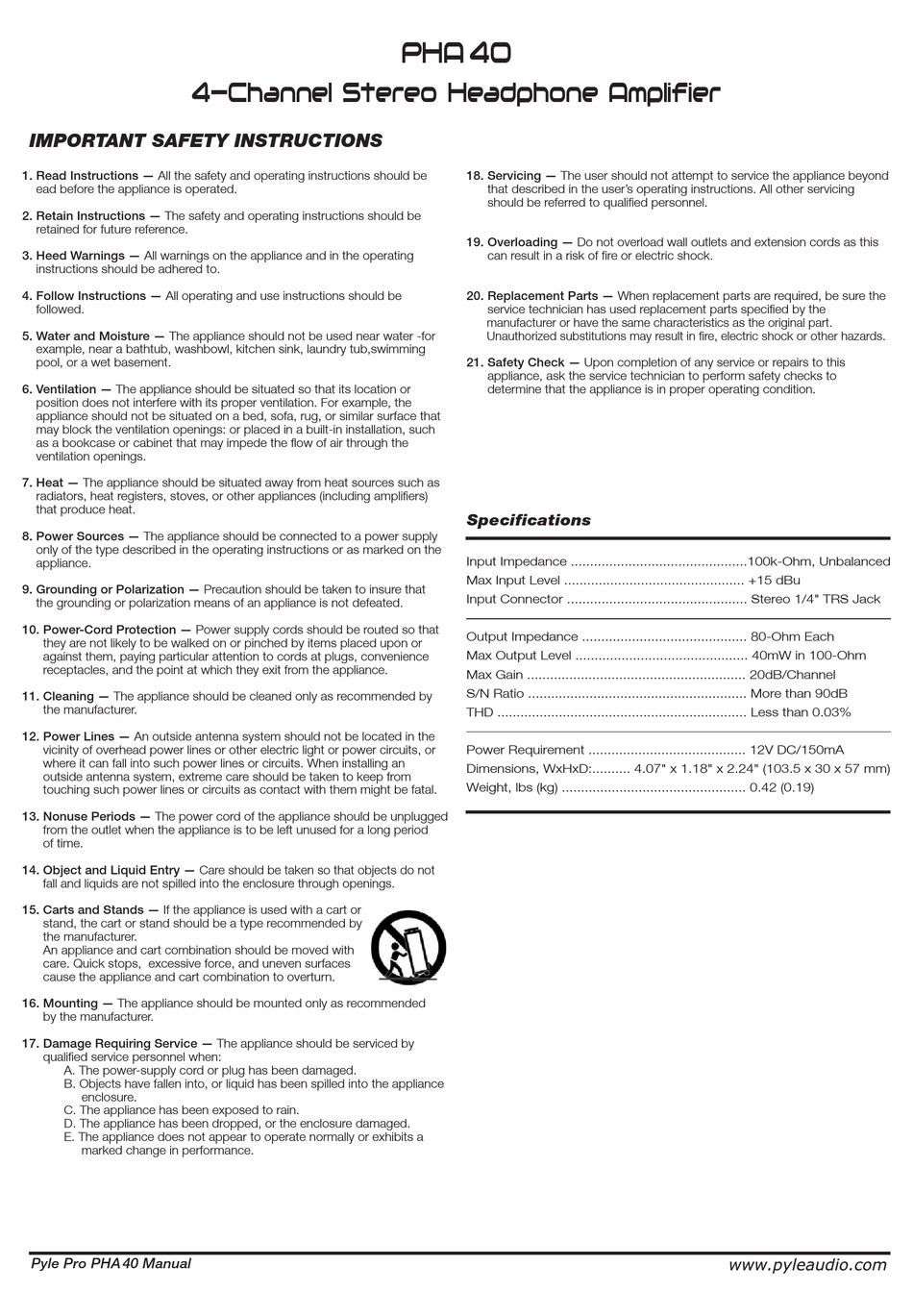PYLE AUDIO PHA 40 IMPORTANT SAFETY INSTRUCTIONS Pdf Download ManualsLib