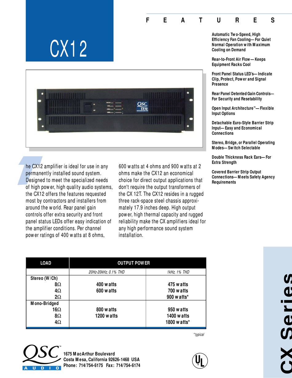 QSC POWER AMPLIFIER CX12 SPECIFICATION SHEET Pdf Download ManualsLib