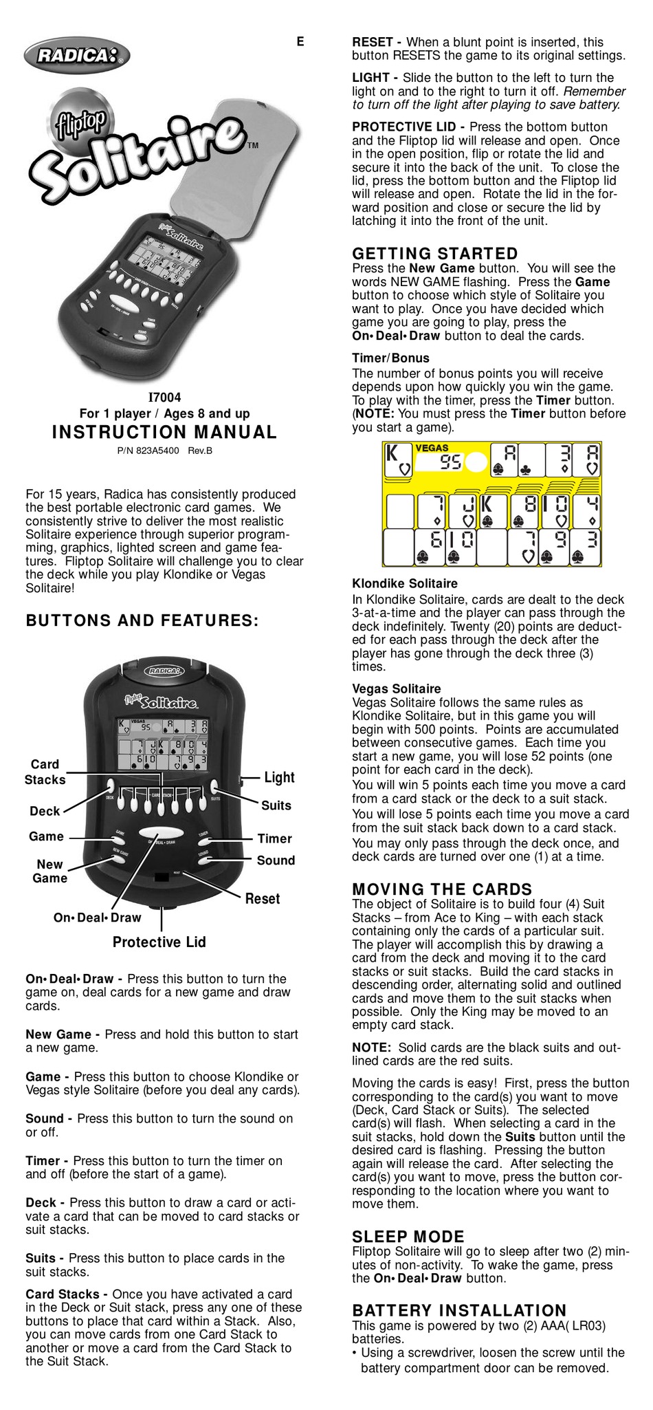 Radica Games Fliptop Solitaire I7004 Instruction Manual Pdf Download Manualslib