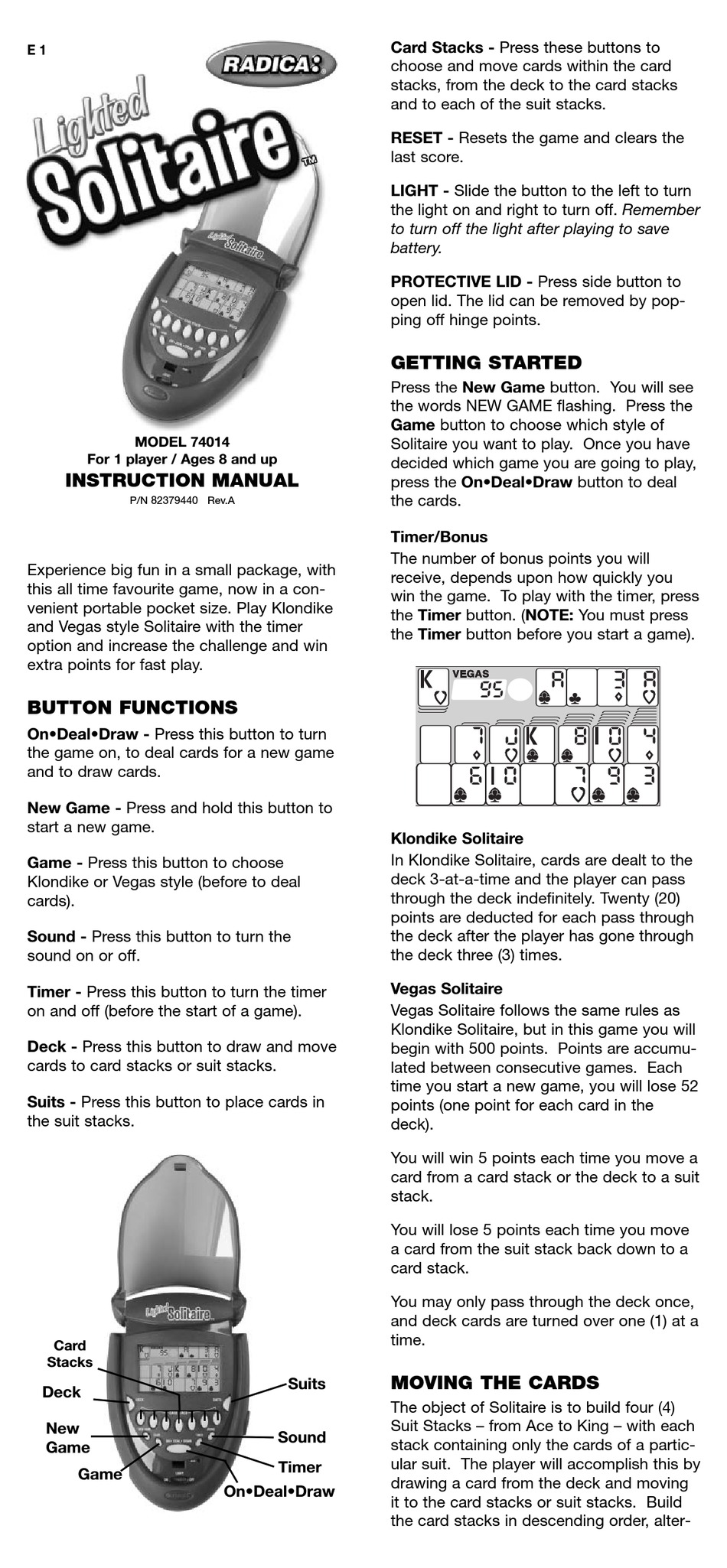 Radica Games Lighted Solitaire Instruction Manual Pdf Download Manualslib