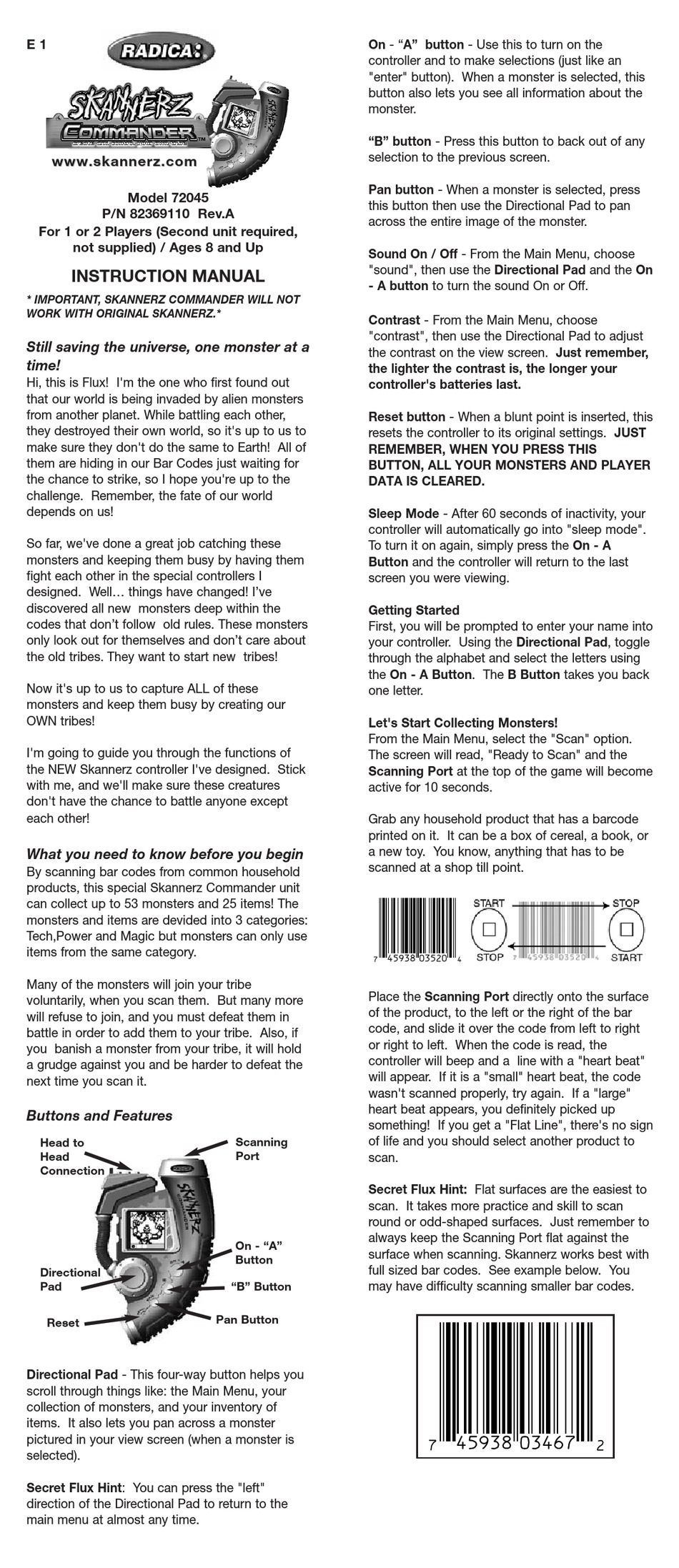 RADICA GAMES SKANNERZ COMMANDER 72045 INSTRUCTION MANUAL Pdf Download