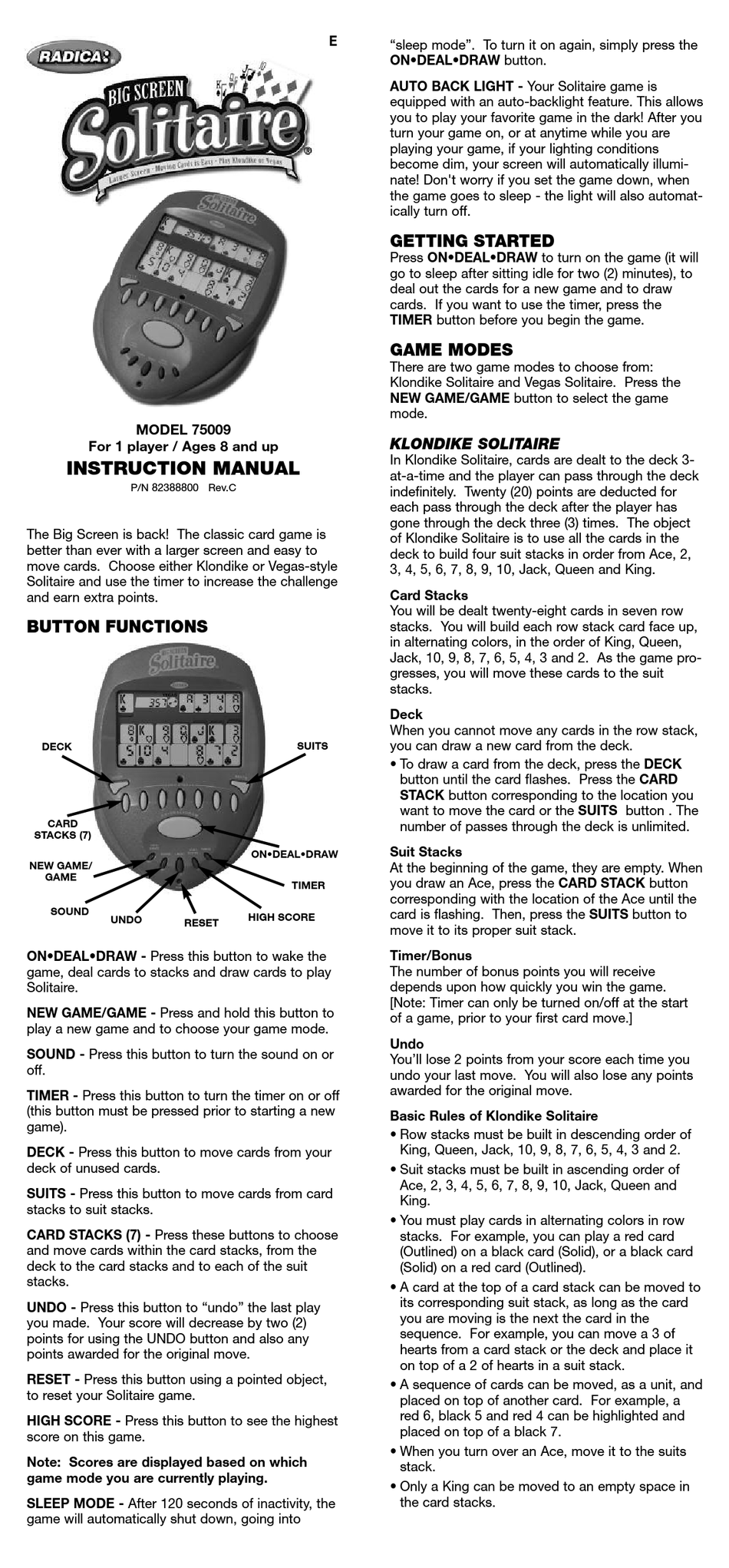 Radica Games Big Screen Solitaire Instruction Manual Pdf Download Manualslib