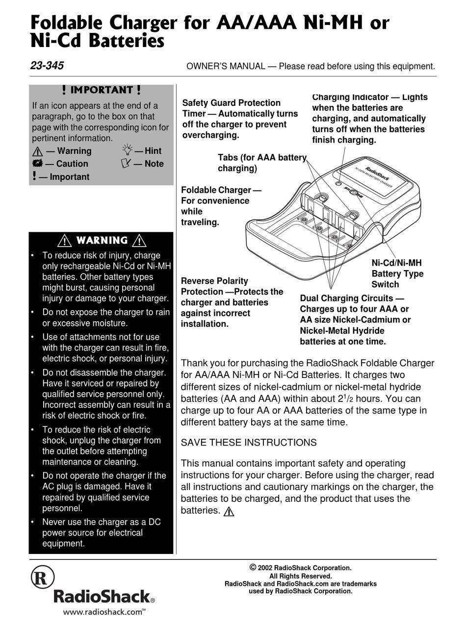 radio shack battery charger 23 1305 manual
